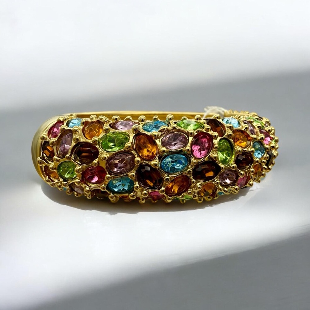 Vintage Signed KJL Gold Multicolor Gemstone Pavé Bracelet